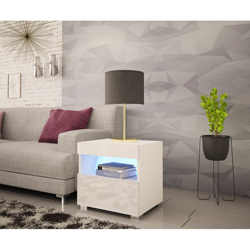 Aquilar 20" Nightstand with 16-Color LED Lighting, High Gloss Finish, Wall-Mounted, Off White