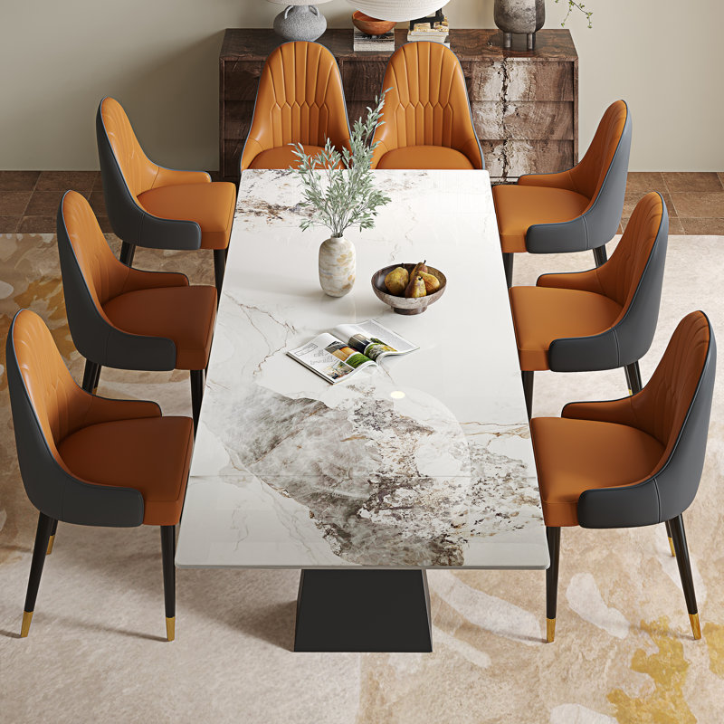 Ensemble de table de salle à manger avec table extensible en fritté de 94,5 po et 8 chaises en similicuir, Blanc Chanel