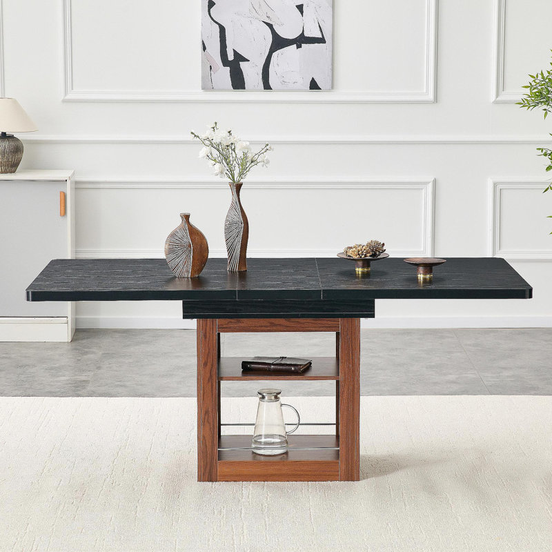 Une table de salle à manger extensible avec espace de rangement et une table de salle à manger extensible de 59 à 71 pouces. Table rectangulaire noire avec cadre en panneau de fibres à densité moyenne de couleur noyer pouvant accueillir 4 à 8 personnes.