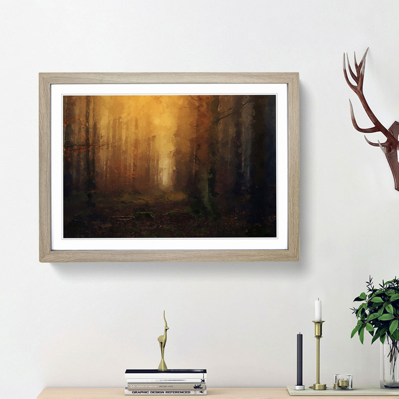 Forest at Sunset in Abstract - Picture Frame Painting Print, 36cm H x 48cm W x 2cm D, Oak Framed