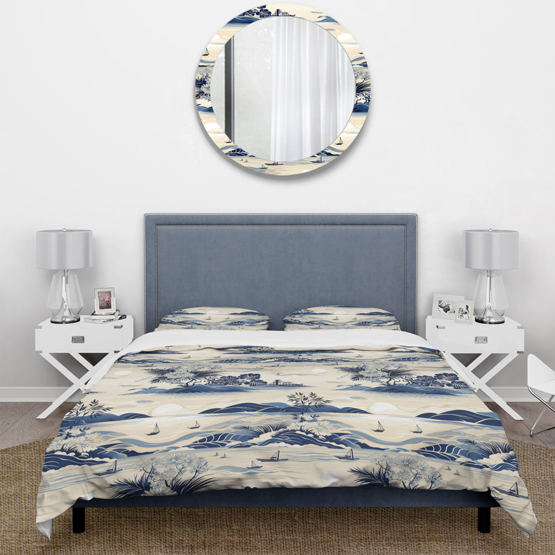 Ensemble de housse de couette Coastal Landscape Minimal In Blue I, Housse de couette simple + 1 taie décorative stan