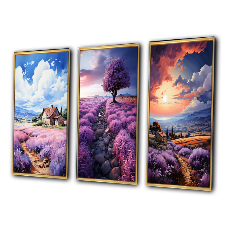 «France Lavender Hues», 3 pièces sur toile, Encadrement doré, H 28 po x l 36 po