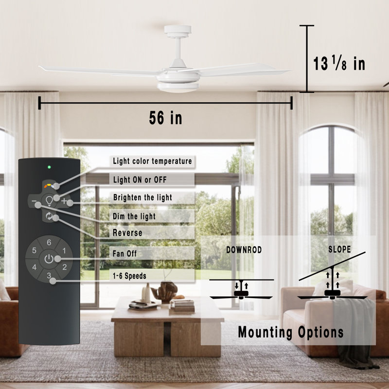 Ventilateur de plafond blanc mat d'intérieur / extérieur à DEL de 56 po avec télécommande et ensemble de lumière blanc chaud Calyra