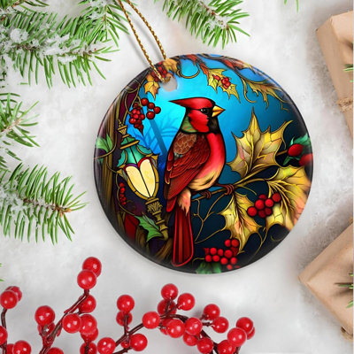 Ornement de cardinal, décoration de Noël, décoration de Noël, idée de cadeau de fête, souvenir d'héritage, céramique ronde, échange de cadeaux, cadeau de babiole, idée de cadeau, cardinal
