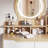 Ensemble de coiffeuse avec 3 miroirs lumineux réglables avec pieds de table en bois massif, ensemble de coiffeuse avec 4 tiroirs et 3 tablettes ouvertes pour les petits espaces