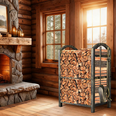 5-Piece Fireplace Tools Set + Wrought Iron Firewood Rack - Bronze Indoor/Outdoor Log Holder for Christmas Fireplace & Fire Pit