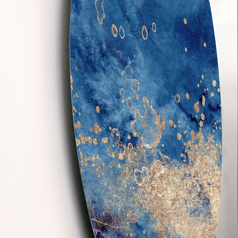 Abstrait classique bleu et or II - art mural moderne en cercle métallique, H 11 po x l 11 po