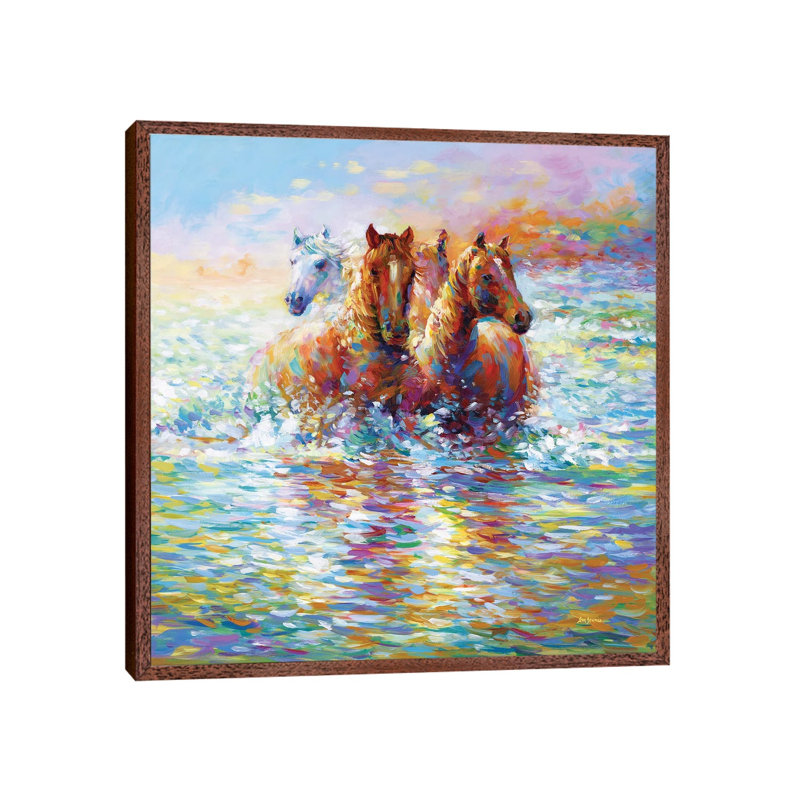 Horses Crossing The River - Print on Canvas, 45.72 cm H x 45.72 cm W, Classic Brown Wood Framed