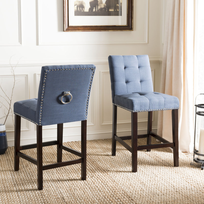 Audrick Upholstered Counter Stool with Solid Wood Frame, Navy, Counter Stool (26.5" Seat Height)