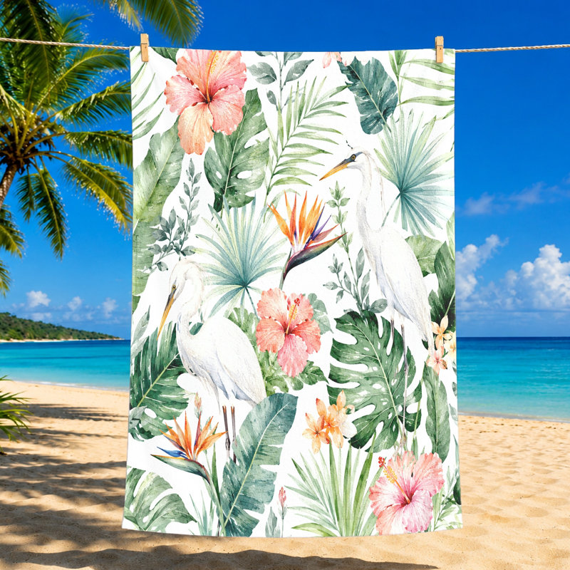 1PCS Tropical Bird Beach Towel with Hibiscus and Palm Leaves, Great for, Travel, Poolside Escapes, Artistic Watercolor Design