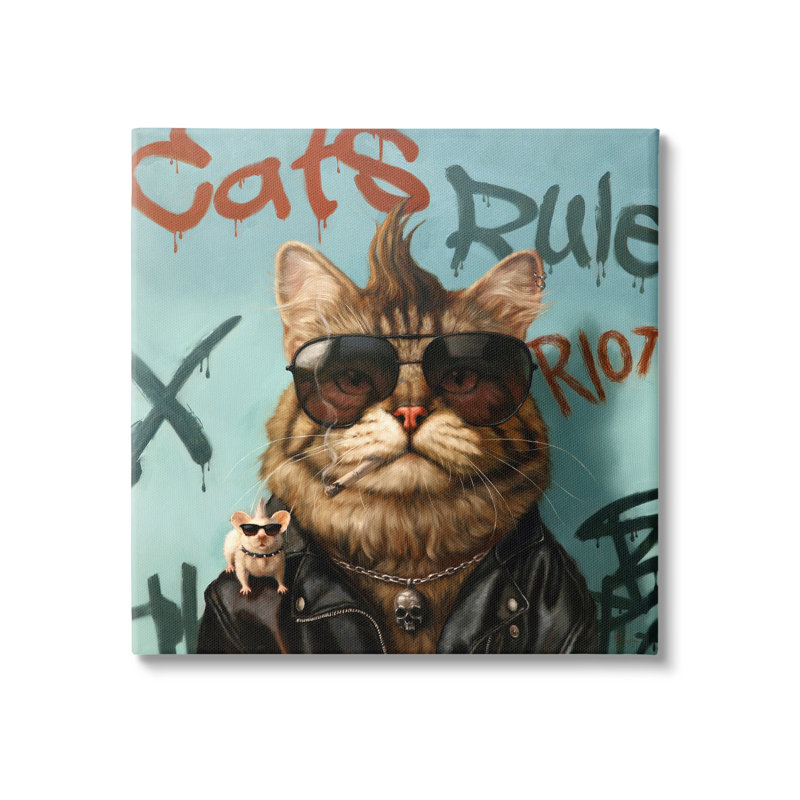 Peinture sur toile, "Chats regle", animaux urbains sur graffiti, H 17 po x l 17 po x P 1,5 po