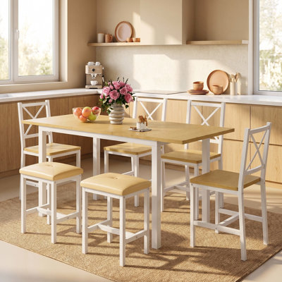 Farmhouse Style 7-Piece Dining Table Set For 4-6 People, 63" Extendable Kitchen Table Set With 4 Dining Chairs And 2 PU Upholstered Stools