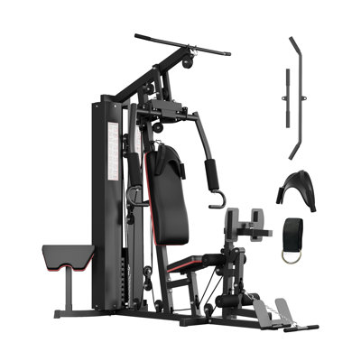 All-in-One Multifunctional Home Gym Station with 150 LBS Weight Stack, Full-Body Strength Training Machine Equipped with Preacher Curl Pad & Leg Developer for Indoor Workouts