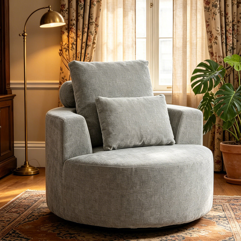 Fauteuil d'appoint en tonneau à compression surdimensionné, canapé rembourré rond pivotant à 360 °, éponge en chenille haute résilience, siège large sans assemblage