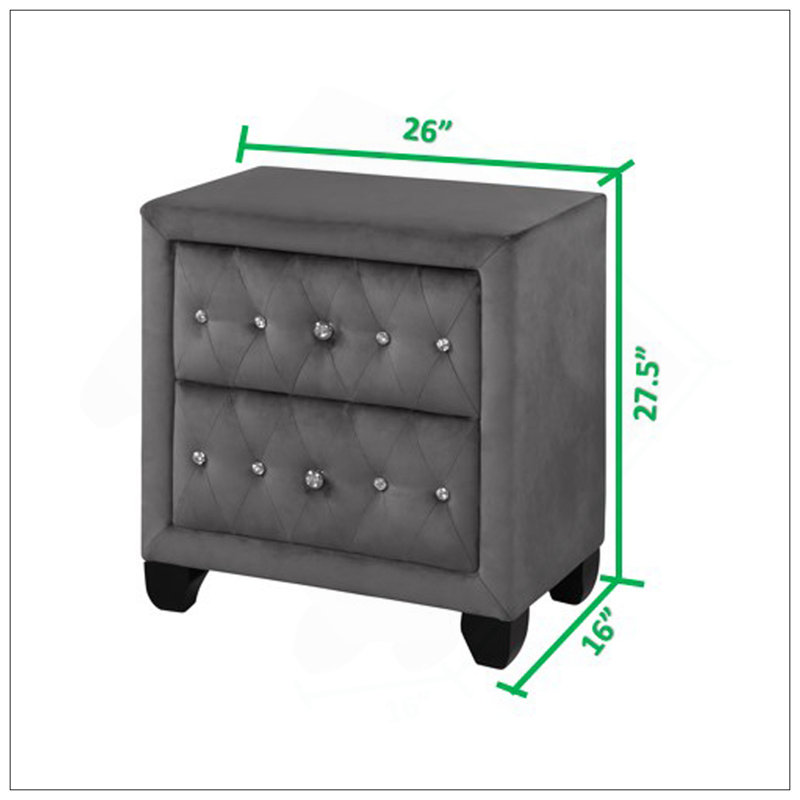 Table de chevet moderne à 2 tiroirs en velours gris capitonnée de style moderne, parfaite pour le rangement élégant et fonctionnel d'une chambre à coucher.