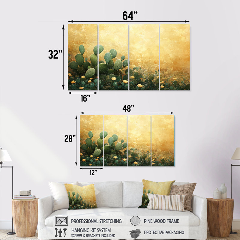Cactus dans la lumière dorée II - Cactus floral - Art mural traditionnel, H 28 po x l 48 po, 4