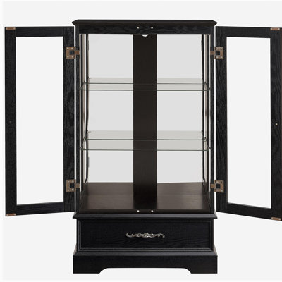 Lighted Glass Curio Display Cabinet with Adjustable Shelves - 2 Doors, 1 Drawer, LED Lights, Elegant Light Oak Finish