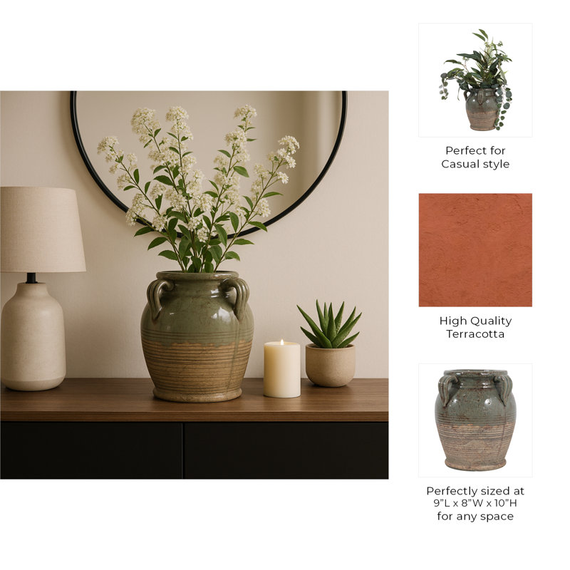 Ceramic/Porcelain Table Vase, 10" H x 9" W x 8" D, Glossy Green Ombre
