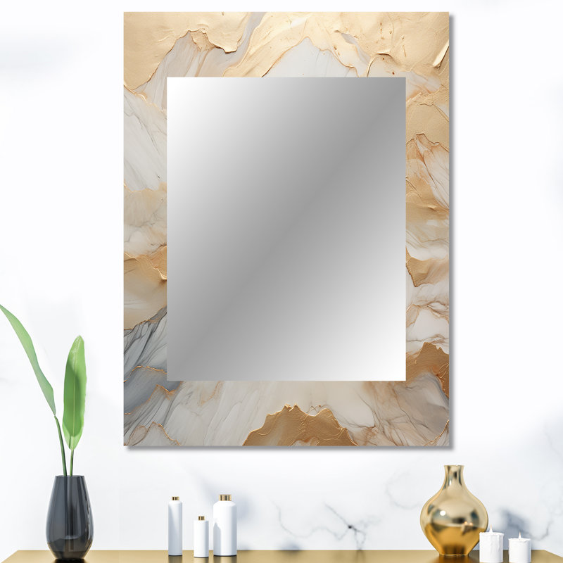 Art de pierre glacier beige et doré III - miroir de formes abstraites, miroir mural décoratif moderne, impression d'art en métal