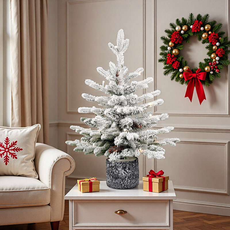 Arbre de Noël artificiel en pot pré-éclairé avec pommes de pin et lumières DEL chaudes, H 2 pi