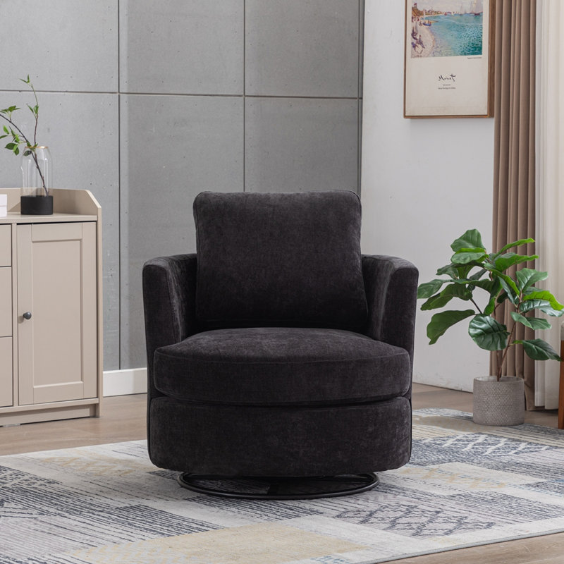 Fauteuil demi-tonneau pivotant 31,9 po et fauteuil d'appoint rond confortable en chenille, Black