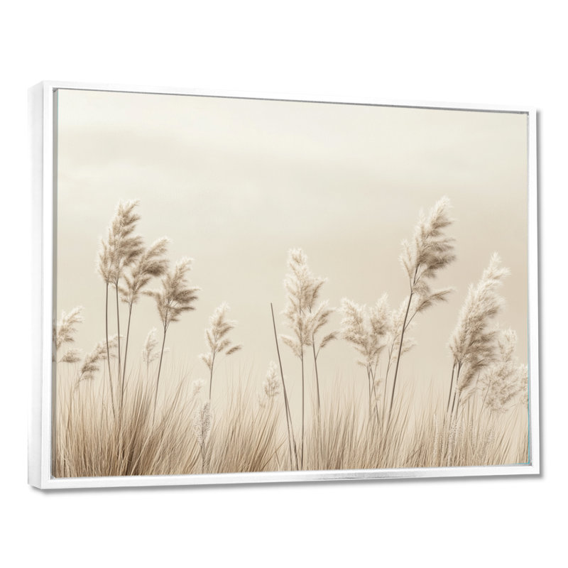 «Minimal Grass Horizon Meadows II», art mural beige, H 24 po x l 32 po, Cadre flottant blanc