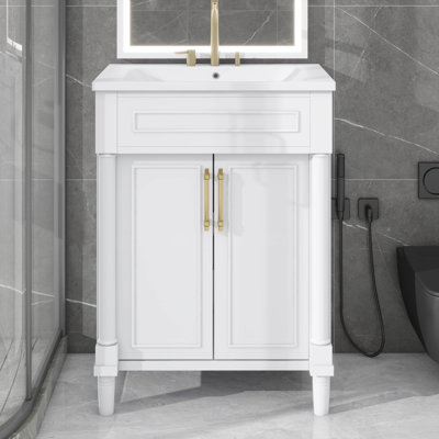 Petit meuble-lavabo de 24 po avec lavabo intégré en céramique, ensemble de meuble-lavabo autoportant à simple lavabo et armoire de salle de bain avec 2 portes pour petite salle de bain