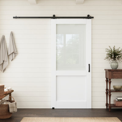 Porte pleine à âme pleine, préfinie et apprêtée blanche, 36 po x 80 po, avec quincaillerie noire de type porte de grange montée sur le dessus, pour garde-manger