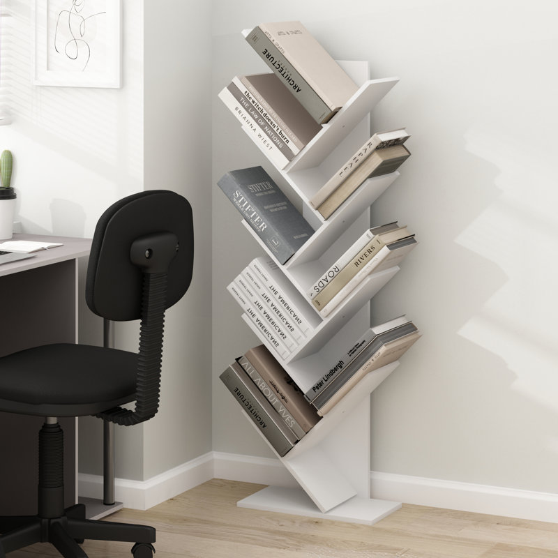 Korou Wood Geometric Bookcase, White, (9 Shelves) 50.9" H x 15.7" W x 8.4" D