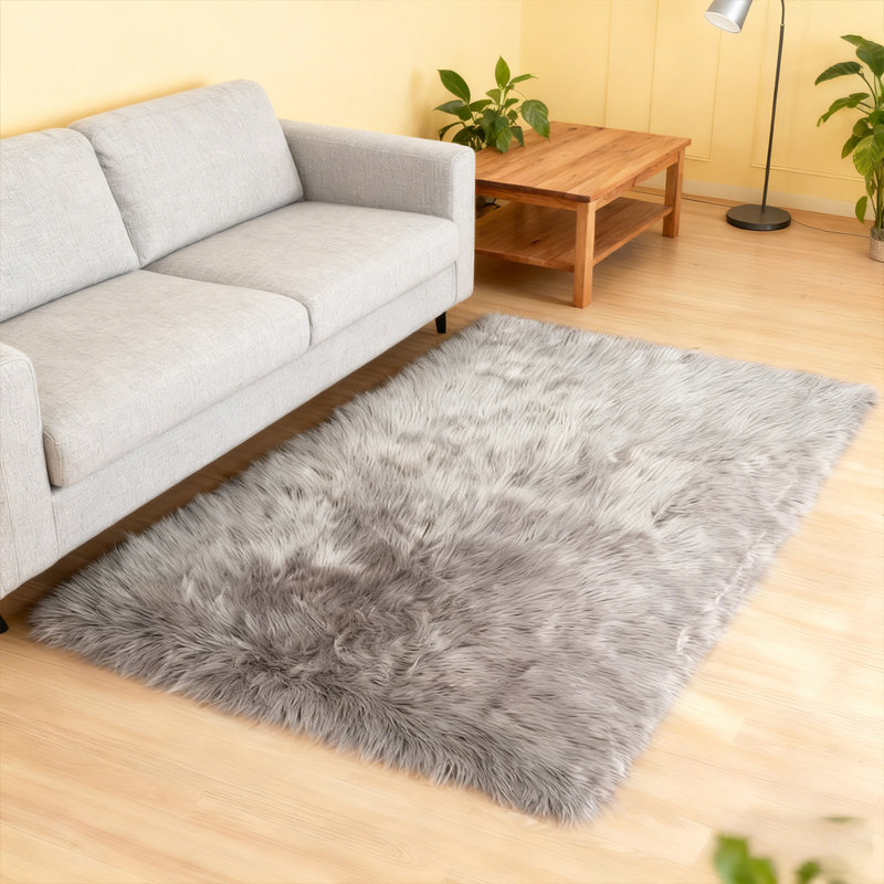 Luxurious Plush Gray Faux Sheepskin Rug, Rectangle 3' x 5'