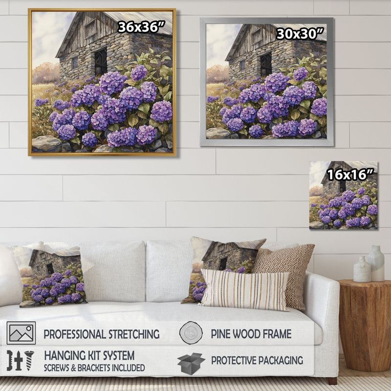 Downend Hydrangeas By The Stone Barn - Hydrangea, art mural, Reproduction encadrée d'une seule photo, Argent argent