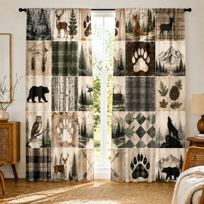 Lot de 2 rideaux imprimés forêt avec cerf, ours, hibou, renard et pomme de pin, style patchwork, ambiance rustique, rideaux décoratifs, parfaits pour le salon, la chambre, la décoration ou comme cadeau pour un chalet, installation à œillets, tissu filtrant la lumière