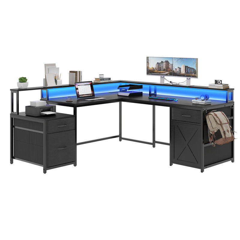 Wrought Studio™ 63'' L-Shaped Desk With Power Outlets & LED Lights, Black