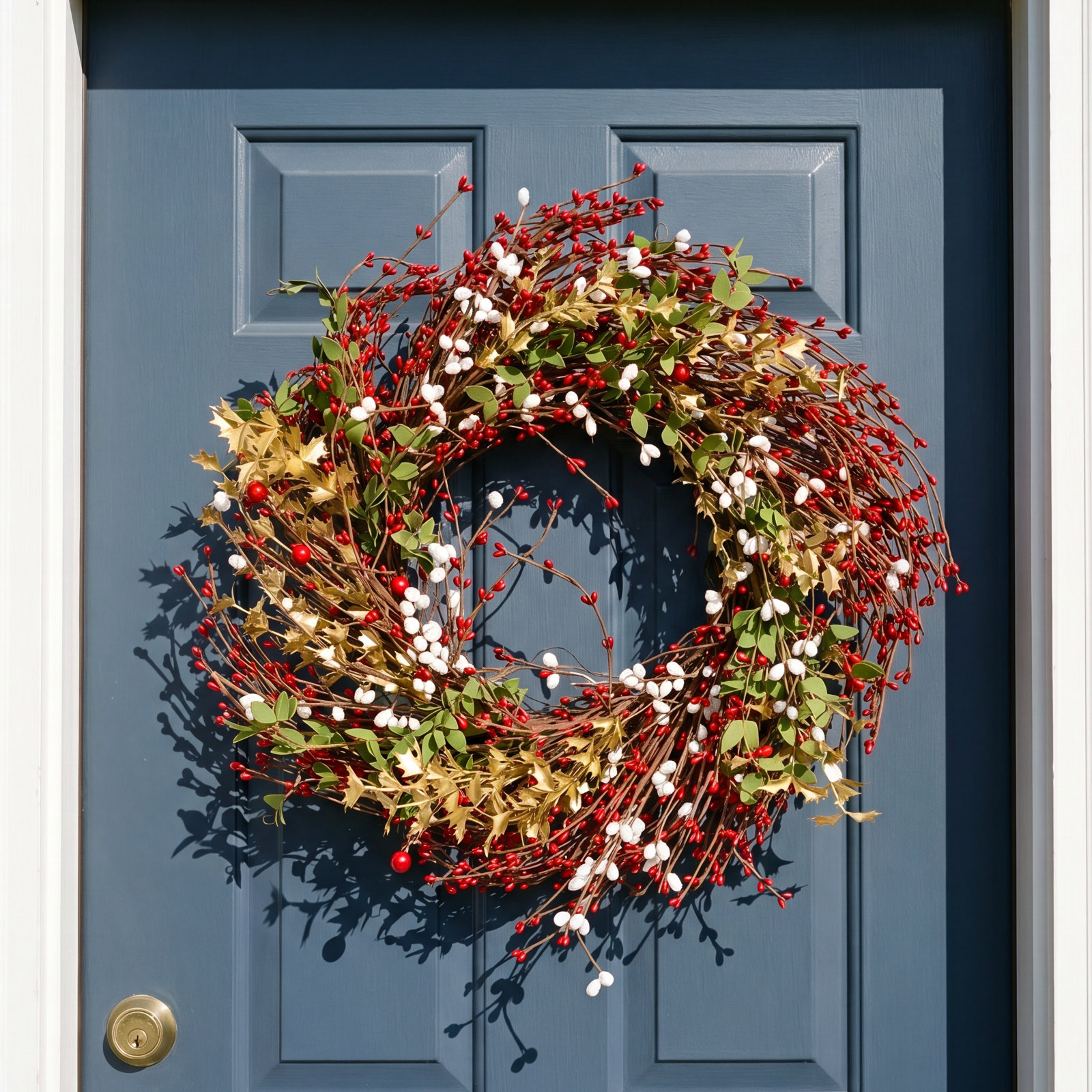 18" Artificial Farmhouse Grapevine Twig Mini Eucalyptus Berry Pip Christmas Day Winter Wreath For Front Door