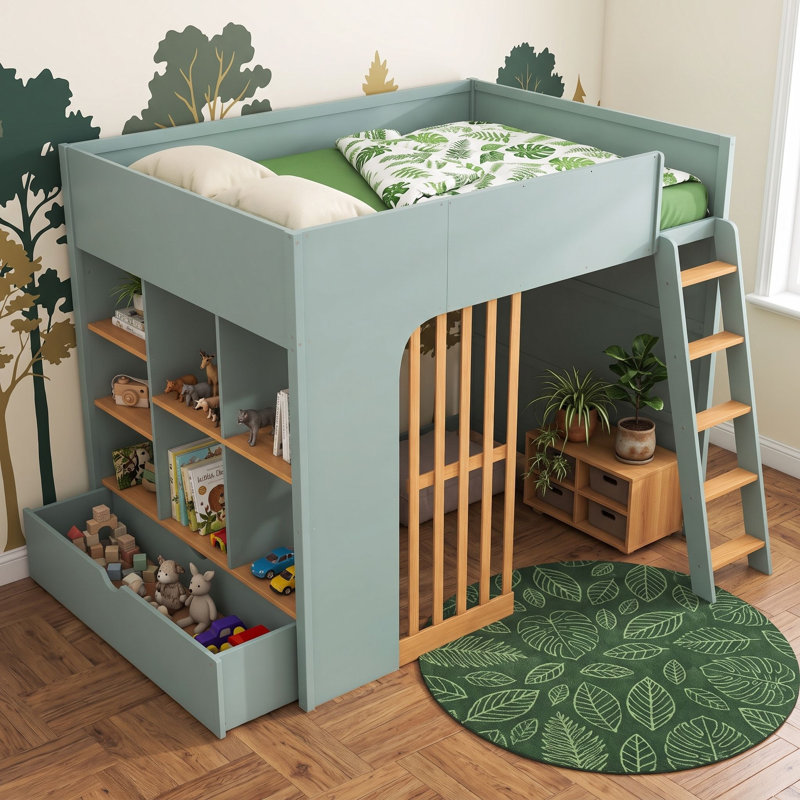 Lit mezzanine en bois avec tablettes de rangement, tiroir et échelle, Lit double, Vert menthe