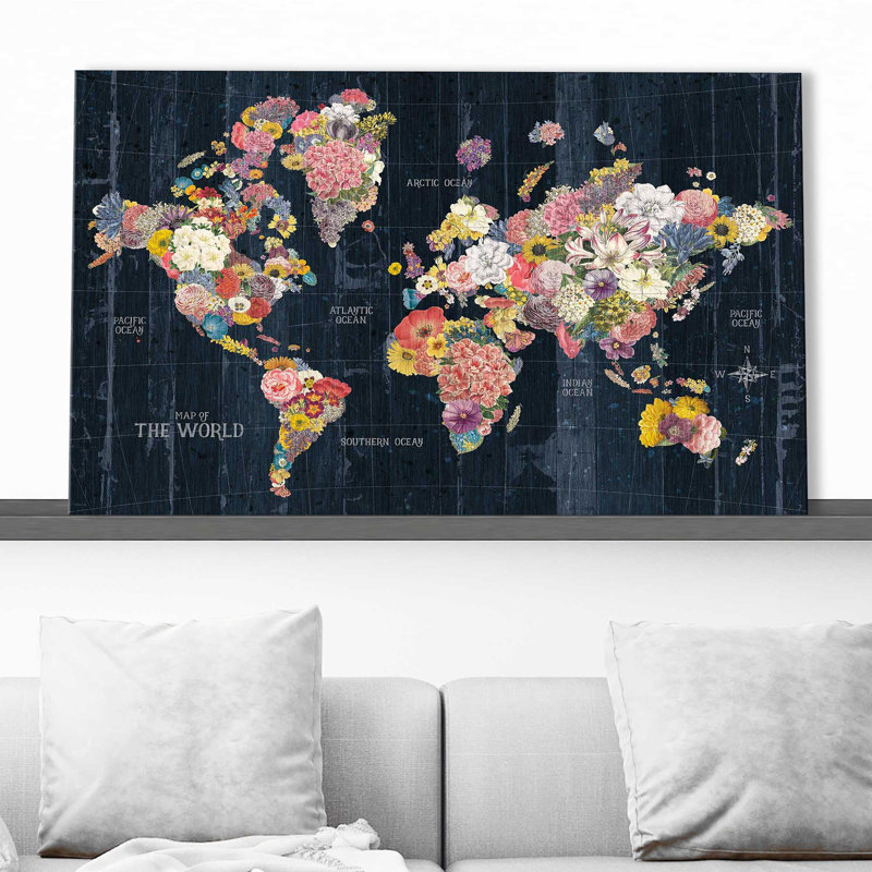 Botanical Floral Map Words - impression d'art graphique, Toile tendue, H 36 po x l 60 po x P 1,5 po