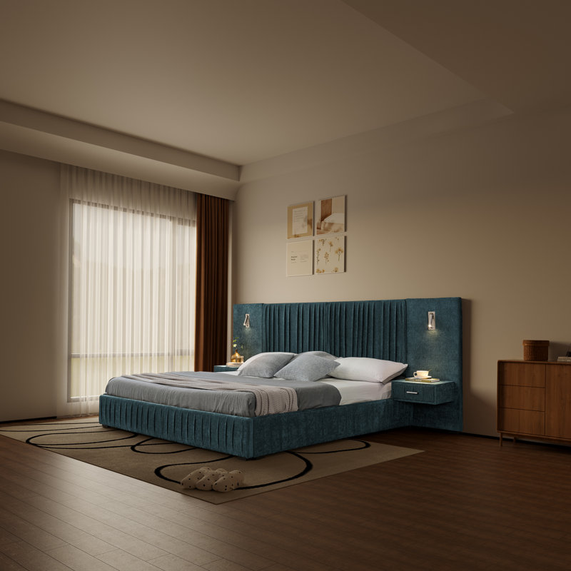 Lit plateforme tapissier avec tête de lit en chenille plissée, tables de chevet intégrées, lampes réglables et support à lattes stable - aucun sommier nécessaire