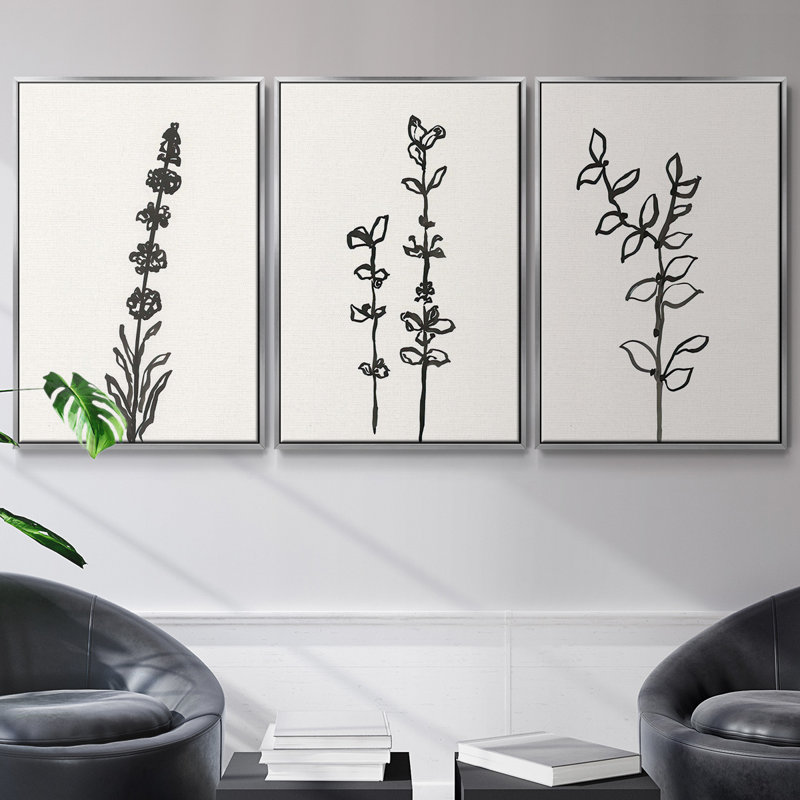 Encre de croquis botanique, 3 pièces, Encadrement argenté, H 36 po x l 72 po