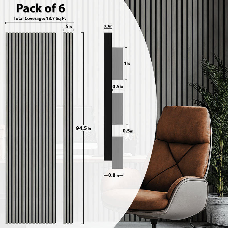 Panneaux muraux en bois acoustique | 94,5 po x 5 po chacune | Panneaux insonorisés, gris