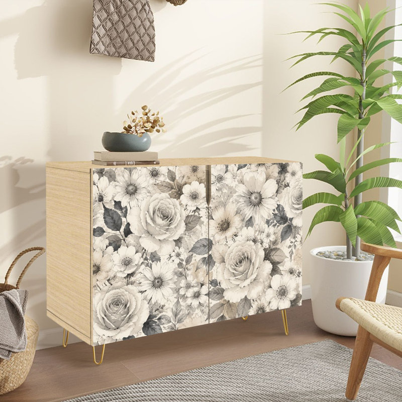 Buffet Buffet avec rangement Vintage Floral Roses Daisies sépia avec 2 portes pour le salon et la cuisine