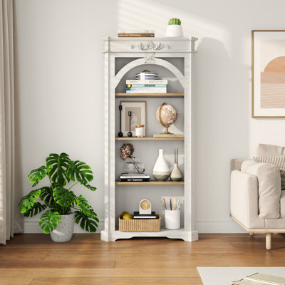 Antique 4 Tiers Bookshelf,65 Inch Tall Bookcase,Tall Floor Standing Bookcase For Home Office, Living Room, Antique White