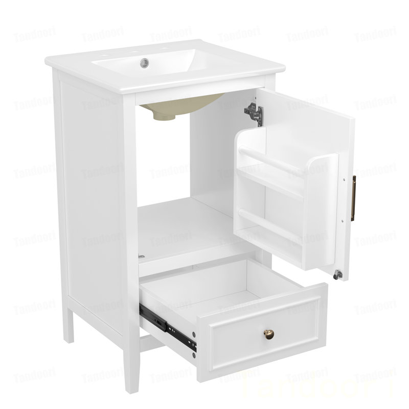 Meuble-lavabo de salle de bain avec lavabo, armoire de salle de bain avec porte, tablette de porte et patins réglables, un tiroir,