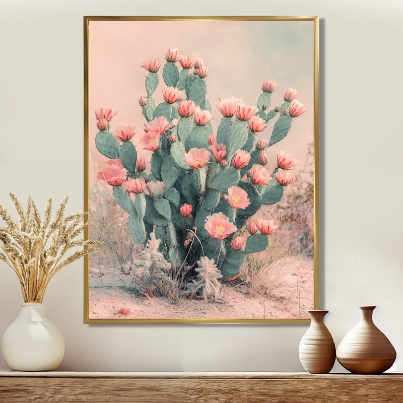 Cactus en fleurs dans le désert Mars Marsa, H 20 po x l 12 po, Reproduction avec cadre flottant, Doré