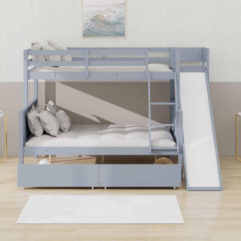 Lit superposé avec 2 tiroirs, glissière, tablettes, échelle, Gris