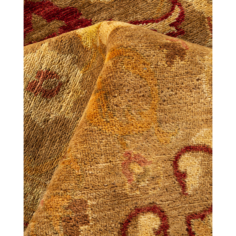 Tapis jaune / ivoire / brun noué à la main de conception unique 7 pi 10 po x 10 pi 1 po Vincenzina