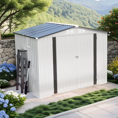 8X6 Ft Metal Garden Tool Shed, Pitched Roof, Waterproof, One Window, Two Lockable Doors, White + Gray, Low - Maintenance Material Outdoor Shed With For Multi Scenario Use Like Pet House
