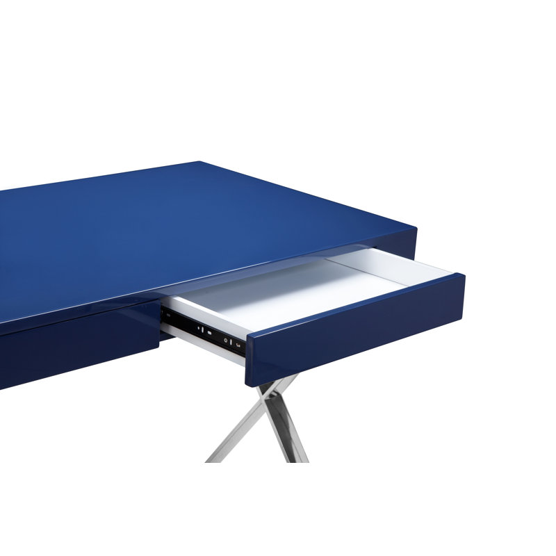 Pangea Home Alexa Modern Writing Desk – with Sleek Metal Steel Legs, Contemporary Executive Computer Table - Office, Bedroom, Entry - Navy Desk with Silver Legs