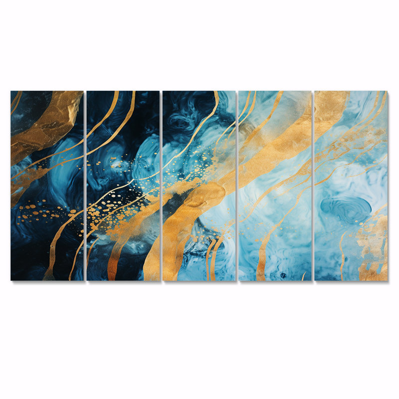 «Blue Sparkling Glam Gold Streams - Abstract Modern Waves», ensemble d'art mural 5 pièces, H 28 po x l 60 po