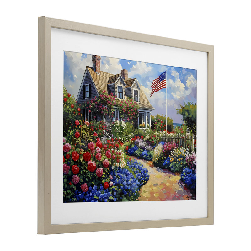 An American House Framed Print Under Glass, design by LSR Creative Studio, 13" H x 16" W, Harvest Pine Frame