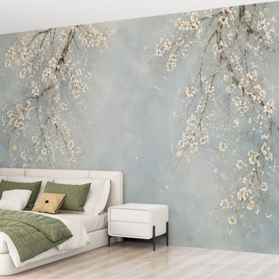 Papier peint adhésif autocollant, branches de cerisier en fleurs bleues, papier autocollant amovible pour décoration de salon, chambre à coucher H 69 po x l 96 po